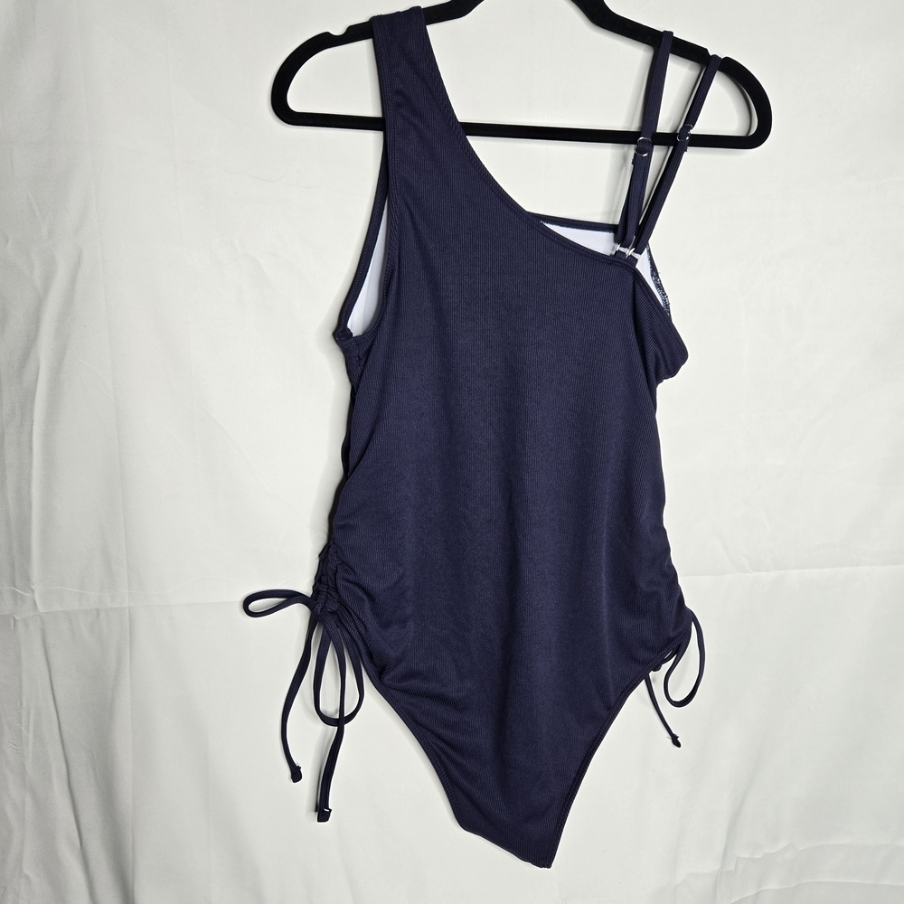 2xl Women's One Piece Swimsuit Ribbed Navy Blue Side Ties Adjustable Straps - Picture 3 of 4
